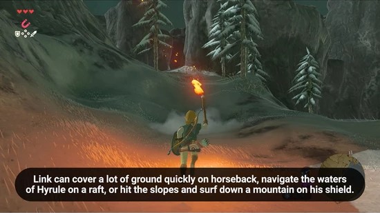 Scene from Zelda showing character holding flaming torch