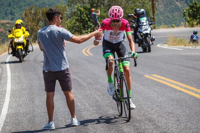 Joe Dombrowski (EF Education First - Drapac) takes a water bottle on the climb on August 8, 2018 in Cedar City, Utah.