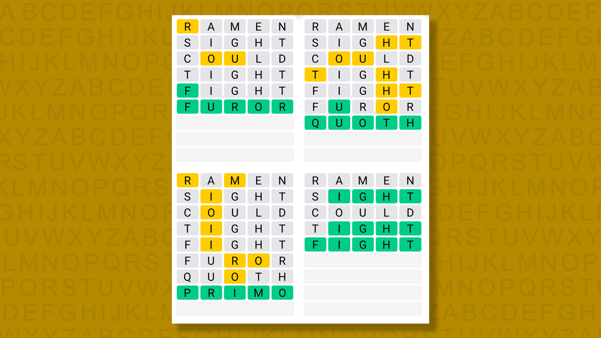 Quordle answers for game 1350 on a yellow background