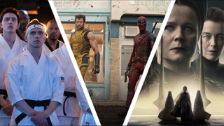 A group of karate dojo members in Cobra Kai, Hugh Jackman and Ryan Reynolds as Deadpool and Wolverine, and the lead image for Dune: Prophecy depicting Emily Watson and Olivia Williams in black cloaks