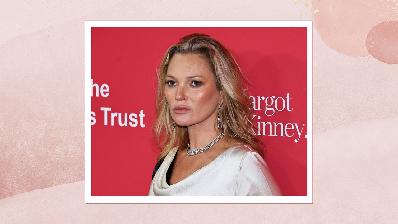  Kate Moss is pictured wearing a silk dress and nude lipstick whilst attending The King&#039;s Trust 2024 Global Gala at Cipriani South Street on May 02, 2024 in New York City/ in a pink watercolour-paint style template