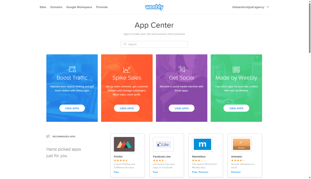 Screenshot of Weebly Aoo center with some available apps on display