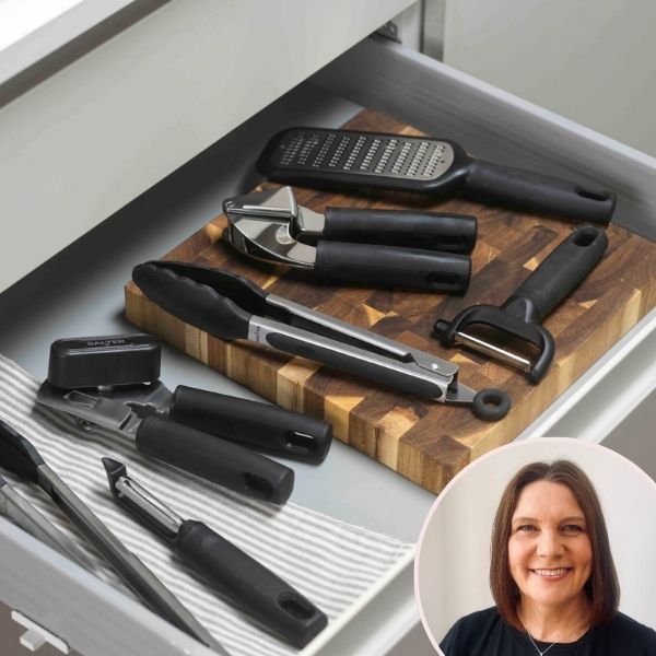 The Salter Expert 4-Piece Kitchen Utensil Set alongside a headshot of the tester
