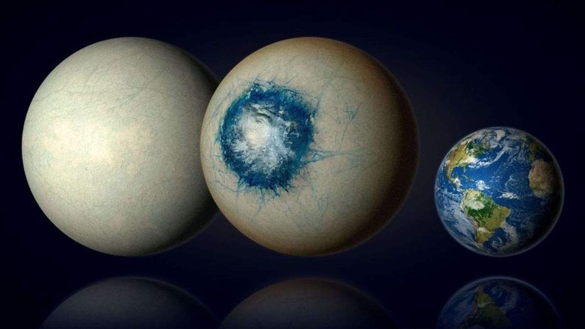 An artist&#039;s rendering comparing the &quot;eyeball planet&quot; to Earth. It is about twice as large and features a circular liquid ocean surrounded by ice.