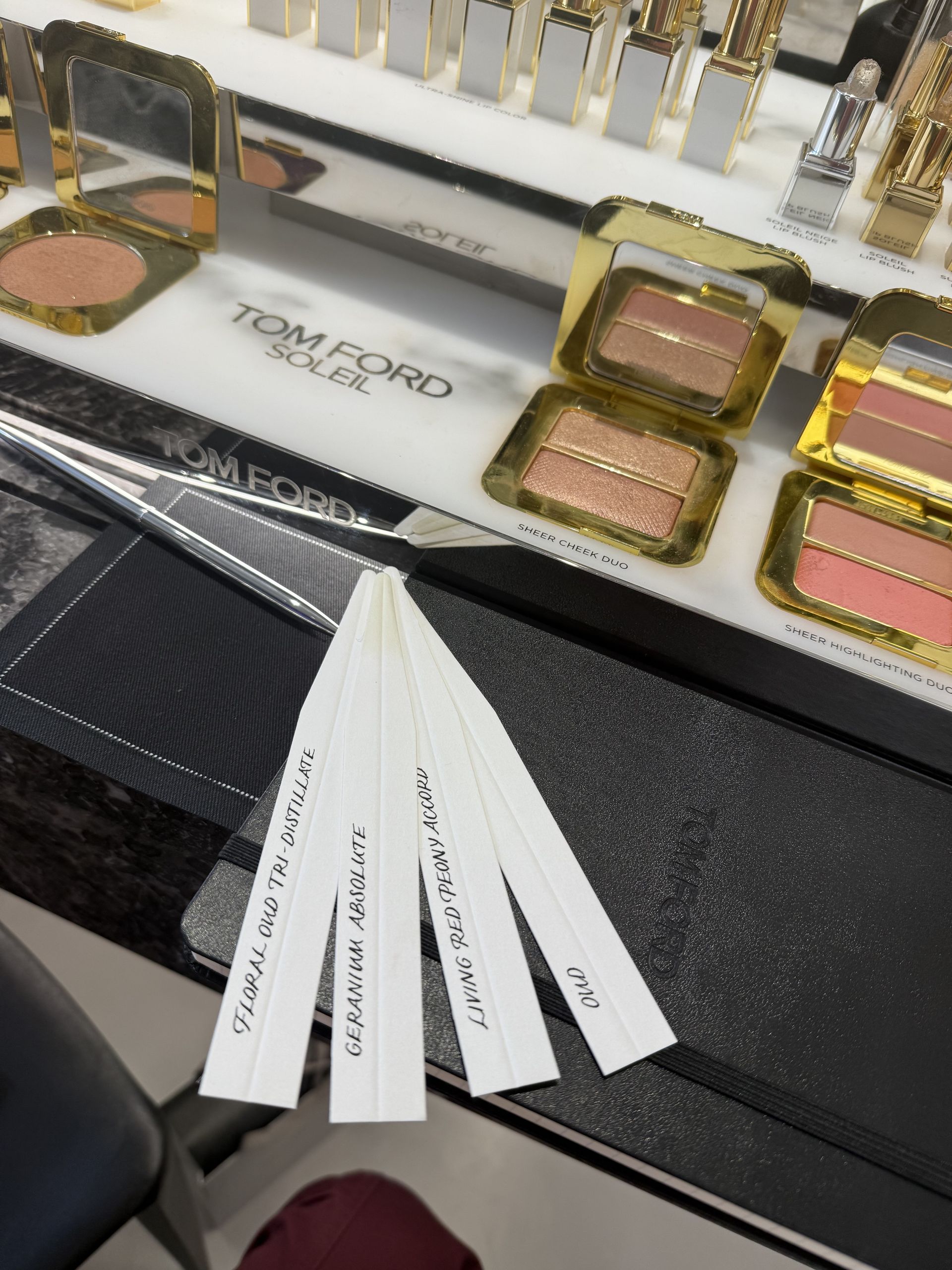 Jamie Schneider testing Tom Ford's Oud Voyager perfume