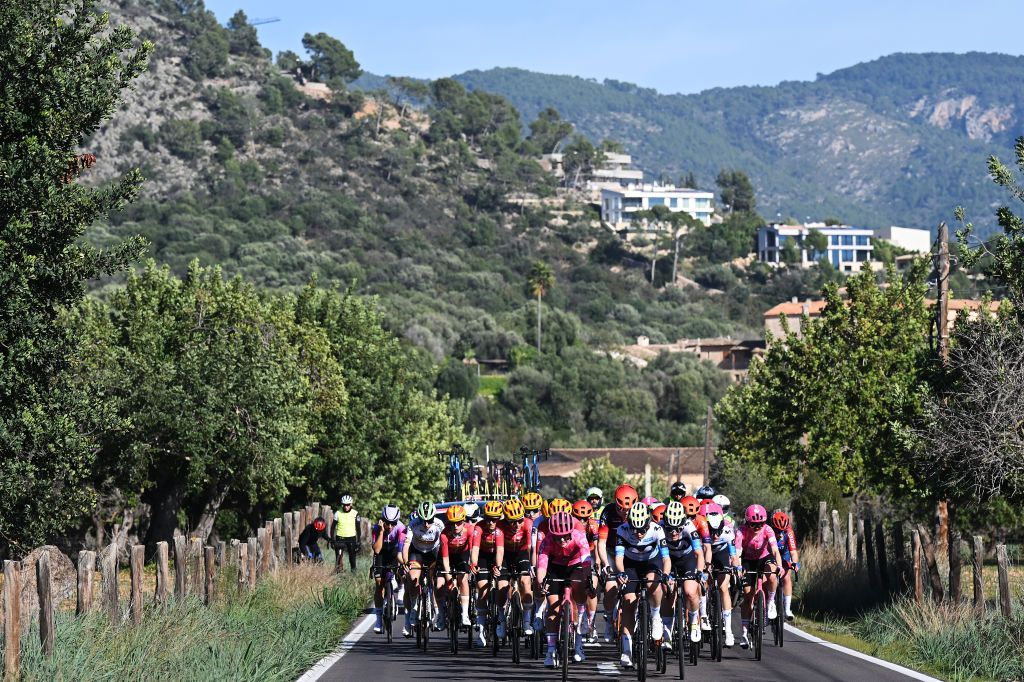 ANDRATX SPAIN JANUARY 27 LR Alexandra Volstad of Canada and Team EF EducationOatly Lily Williams of The United States and Team Human Powered Health Sara Martin of Spain Floortje Mackaij of The Netherlands and Movistar Team and a general view of the peloton competing during the 2nd Challenge Femenino Ciclista Mallorca 2025 Trofeo Binissalem Puerto de Andratx a 1075km One day race from Binissalem to Port dAndratx 168m on January 27 2025 in Binissalem Spain Photo by Tim de WaeleGetty Images