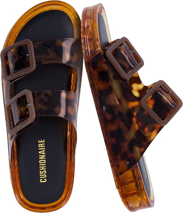 CUSHIONAIRE, Cushionaire Pool Slides for Women Water Resistant Double Buckle Adjustable Slip-On Womens Sandals for Beach Shower Casual Wear, Tortie 7