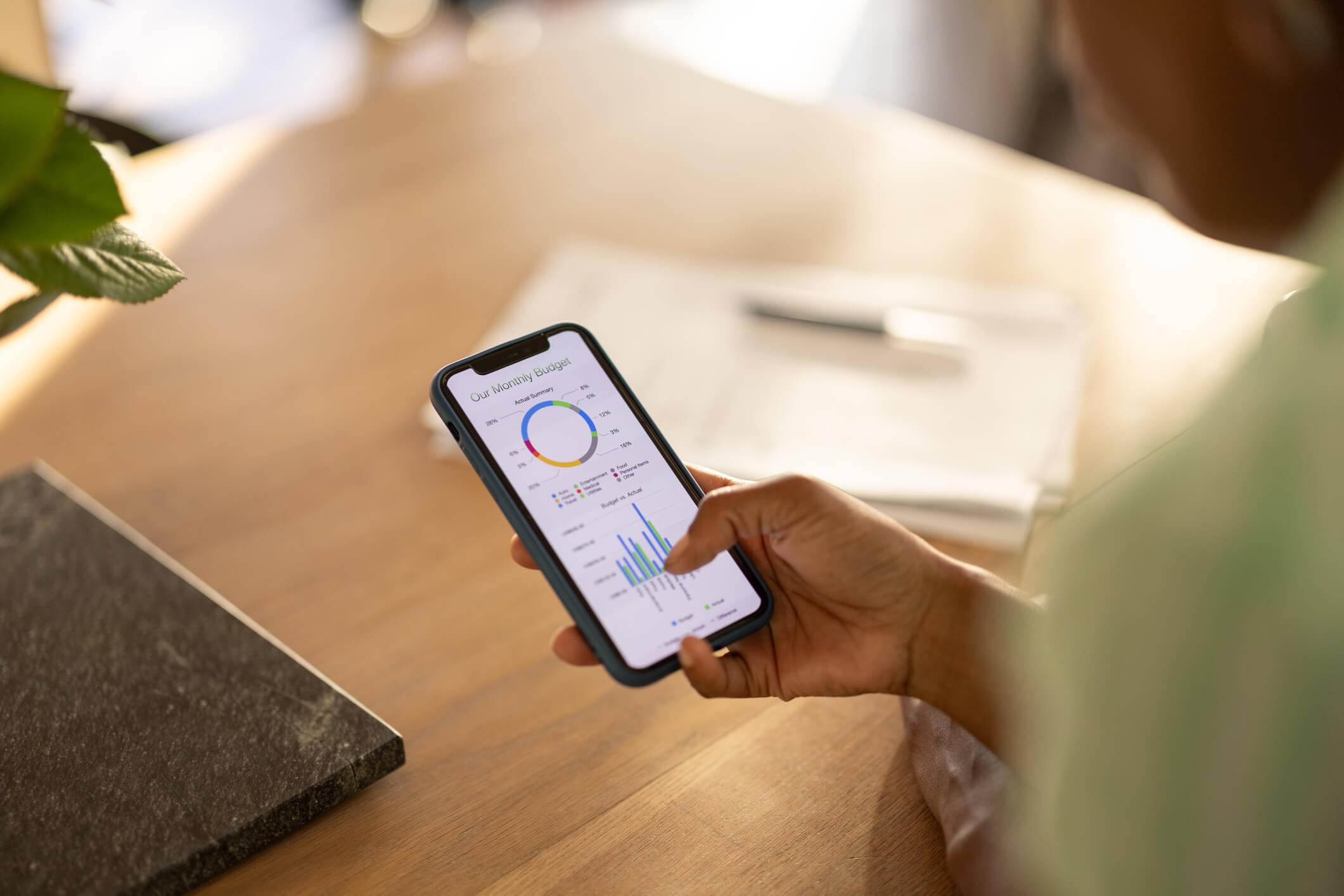  Young woman checking her spending on home finance app 