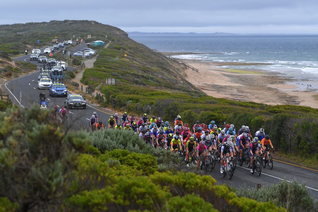 GEELONG AUSTRALIA FEBRUARY 01 Torquay beach Peloton Landscape Sea Ocean during the 6th Cadel Evans Great Ocean Road Race 2020 Deakin University Elite Women a 121km race from Geelong to Geelong CadelOfficial CadelRoadRace UCIWT on February 01 2020 in Geelong Australia Photo by Tim de WaeleGetty Images