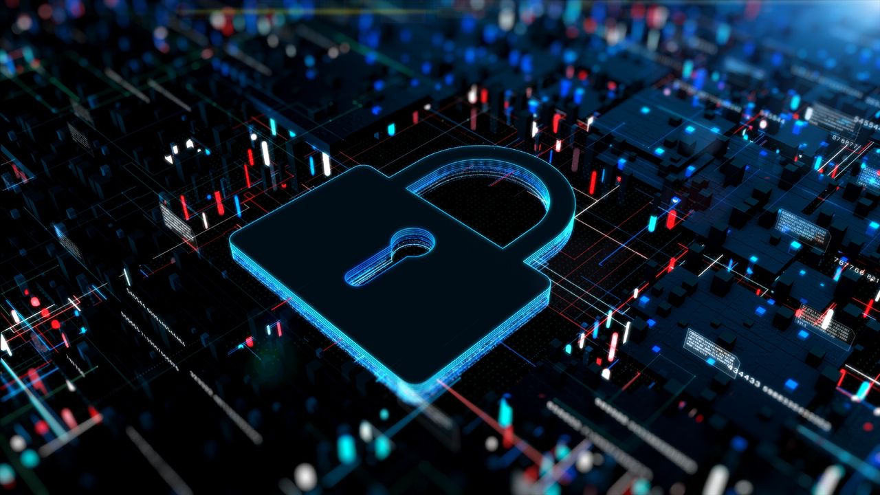 Padlock icon on circuit board.