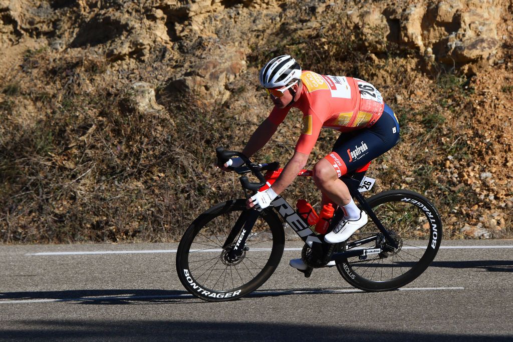 BESSGES FRANCE FEBRUARY 04 Mad Pedersen of Denmark and Team Trek Segafredo orange Leader Jersey during the 52nd toile De Bessges Tour Du Gard 2022 Stage 3 a 155km stage from Bessges to Bessges EtoiledeBesseges EDB2022 on February 04 2022 in Bessges France Photo by Luc ClaessenGetty Images