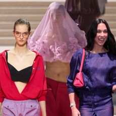 collage of celebrities and models wearing the grape purple and strawberry red color combination for summer