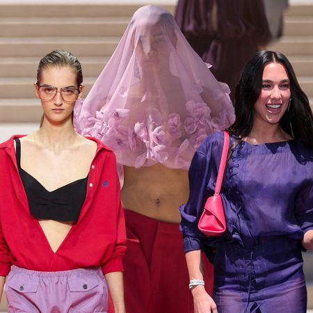 collage of celebrities and models wearing the grape purple and strawberry red color combination for summer