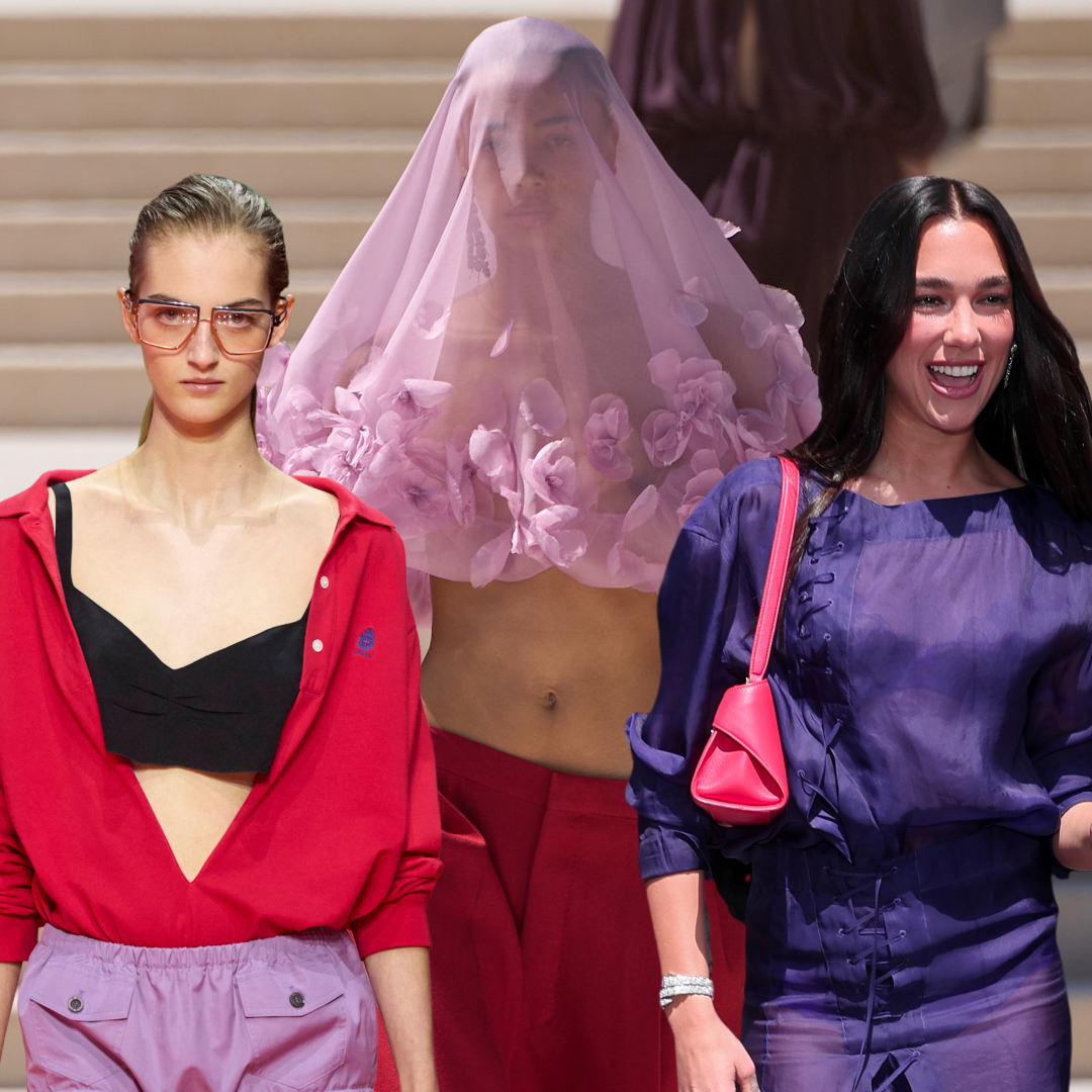 collage of celebrities and models wearing the grape purple and strawberry red color combination for summer