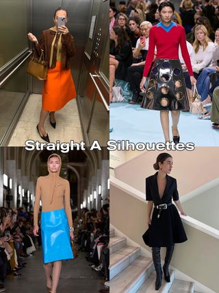 A collage of four midi A-line skirt images with the words "straight A silhouettes" on it.