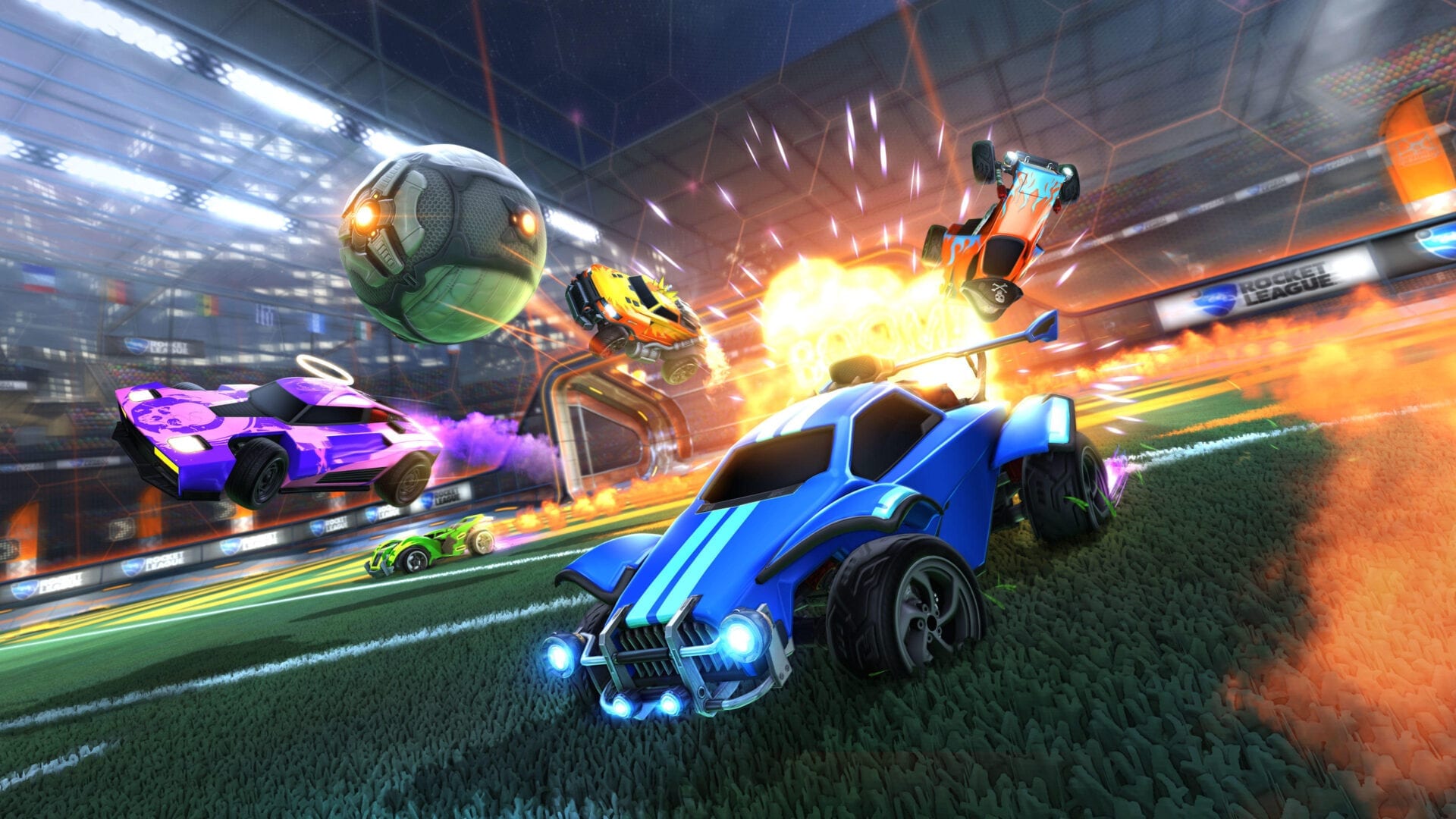 best co-op games: a car hooting a football while an explosion behind it maes other cars flip