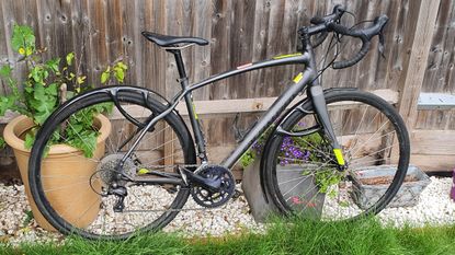 Mudguards on a bike, the mudguards are entirely black and made of plastic