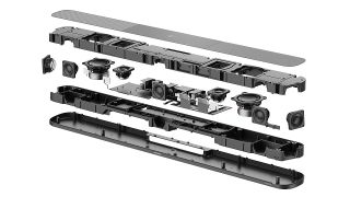 exploded view showing Sennheiser Ambeo Soundbar Plus on white background