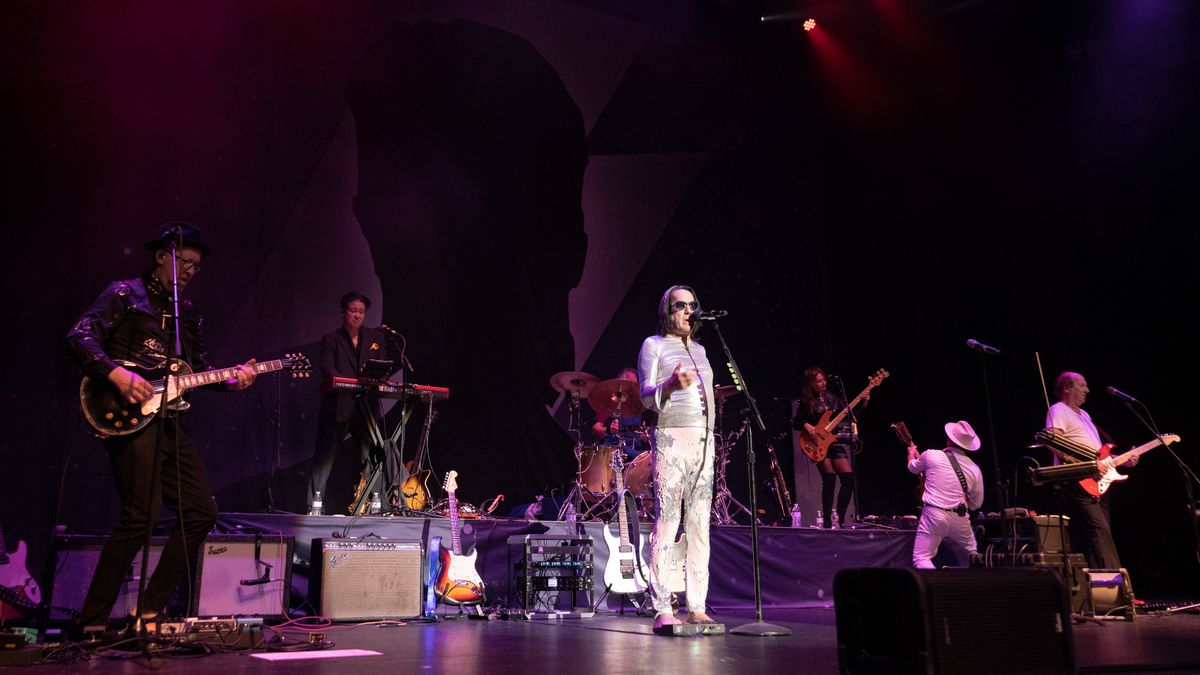 Scrote (left), Todd Rundgren (center) and Adrian Belew (right) perform onstage during the &#039;Celebrating Bowie Tour&#039; at Saban Theatre on October 07, 2022 in Beverly Hills, California