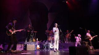 Scrote (left), Todd Rundgren (center) and Adrian Belew (right) perform onstage during the 'Celebrating Bowie Tour' at Saban Theatre on October 07, 2022 in Beverly Hills, California