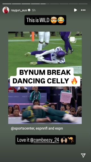 Rachael Gunn's reaction on Instagram Stories to Cam Bynum's interception celebration.