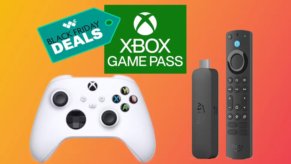 A Robot White Xbox controller, Game Pass, and Amazon Fire TV Stick 4K Max bundle.