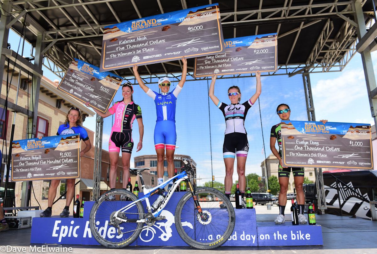 Women&rsquo;s Podium (L to R) Rebecca Hodgett (ALP) 4th, Rose Grant (Stans NoTubes) 2nd, Katerina Nash (Luna Pro Team) 1st, Amy Beisel (Liv SRAM) 3rd, Evelyn Dong (Sho-Air) 5th