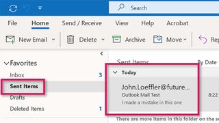 The UI of Microsoft Outlook with Sent Items and an email item highlighted.