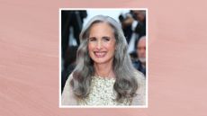 Andie MacDowell wears a gold glittered gown with subtle wavy hair, silver eyeshadow and a pink lip