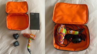 Two adjacent images showing the Amika Mighty Mini Dryer, its attachments and instruction manual out of its case (left) and the dryer and attachments in the case (right)