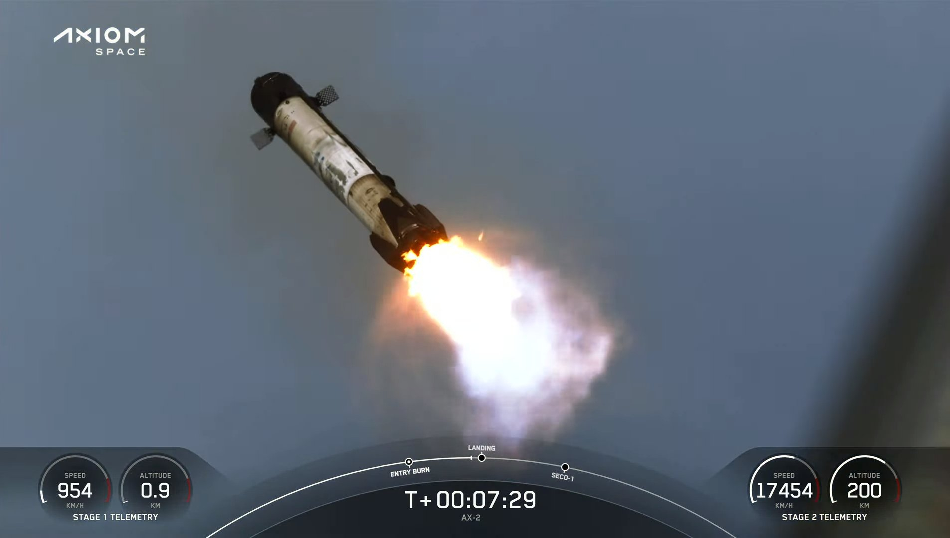 SpaceX Falcon 9 rocket firing its engines for landing after launching into space.