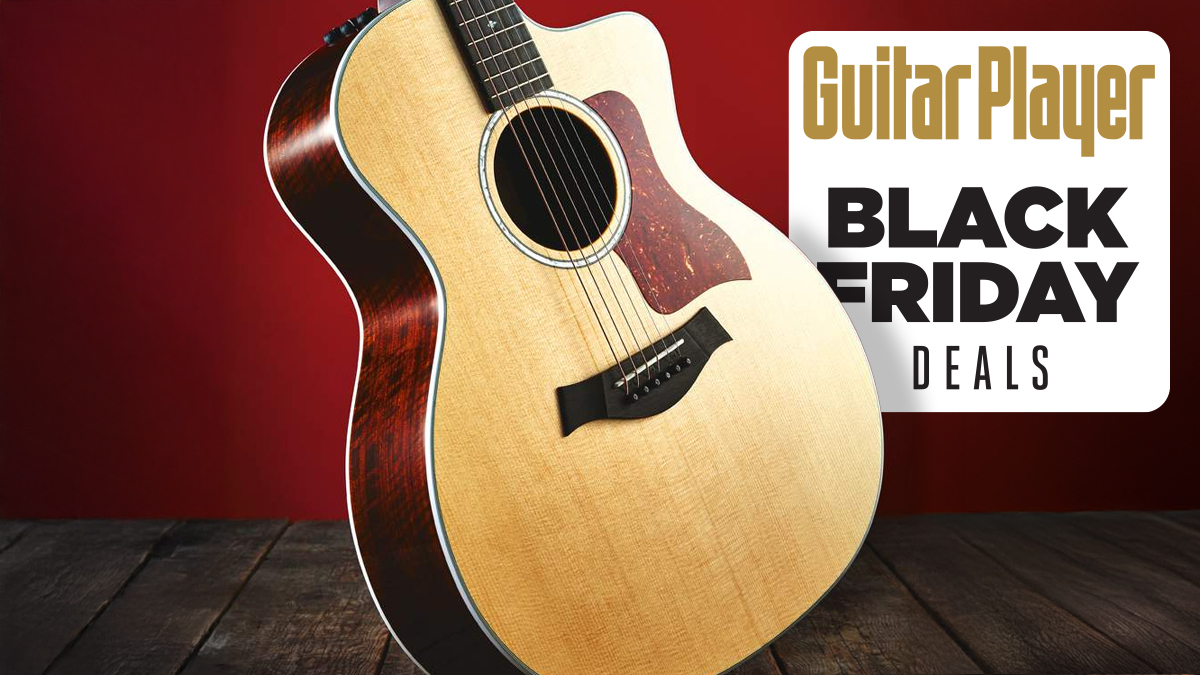 Taylor acoustic guitar stood upright on a wooden floor against a red background