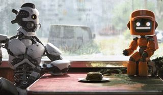 Love, Death, and Robots two robots discussing a burger in a diner