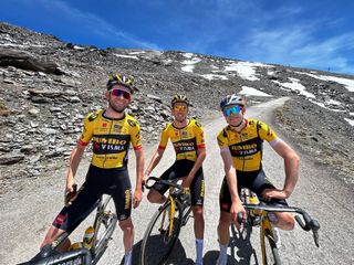 Tiesj Benoot, Christophe Laporte, and Wout van Aert (L-R) at 3000m in the Sierra Nevada