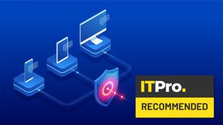 Mockup of an antivirus product protecting a computer, with an 'IT Pro Recommended' award bade logo overlaid