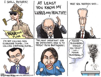 Political Cartoon U.S. Bernie Sanders Elizabeth Warren Michael Bloomberg Nevada democratic debates 2020 primaries health war dumb smoked