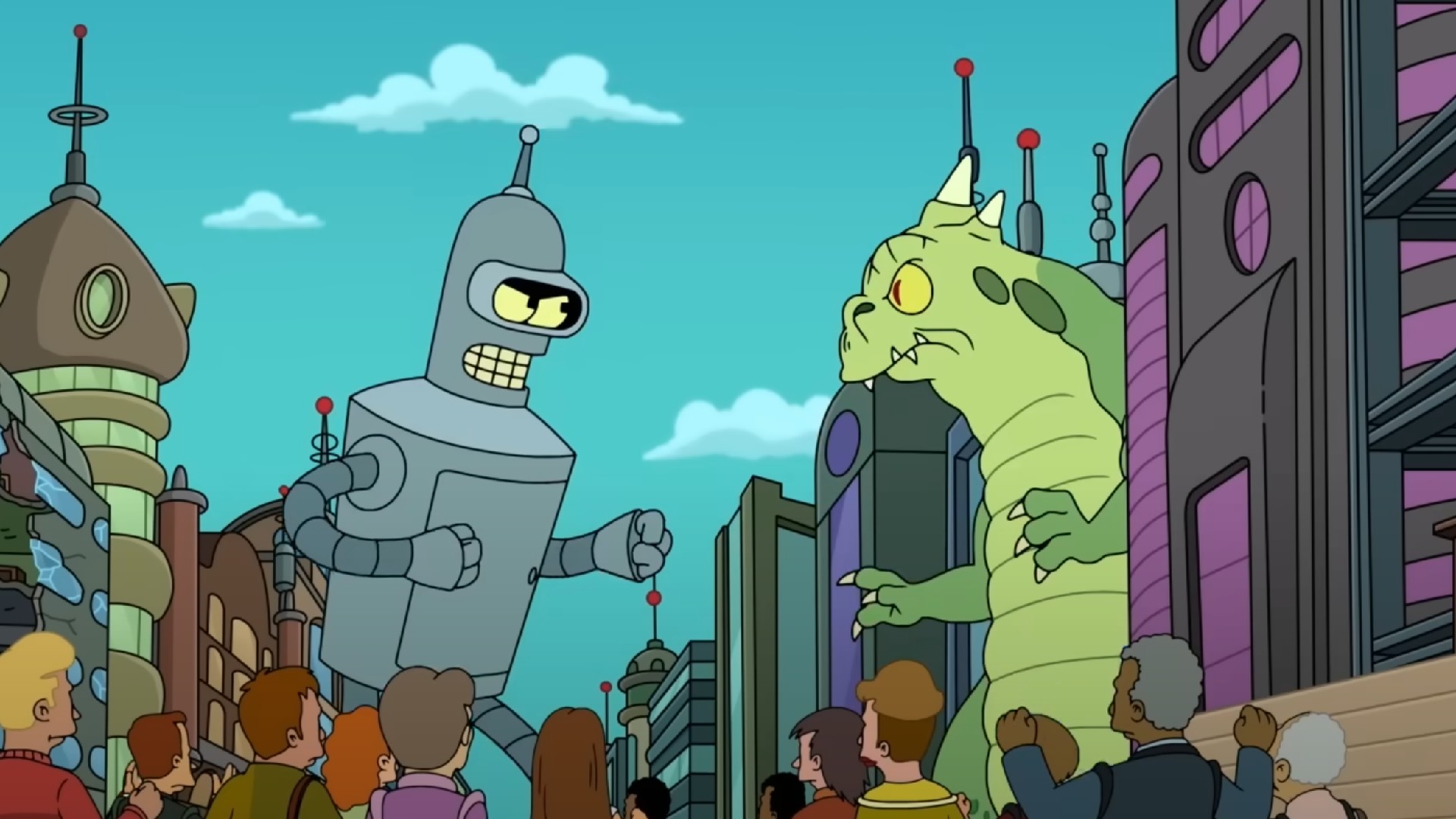 a giant robot battles a giant lizard-like alien in a city as people look on from below