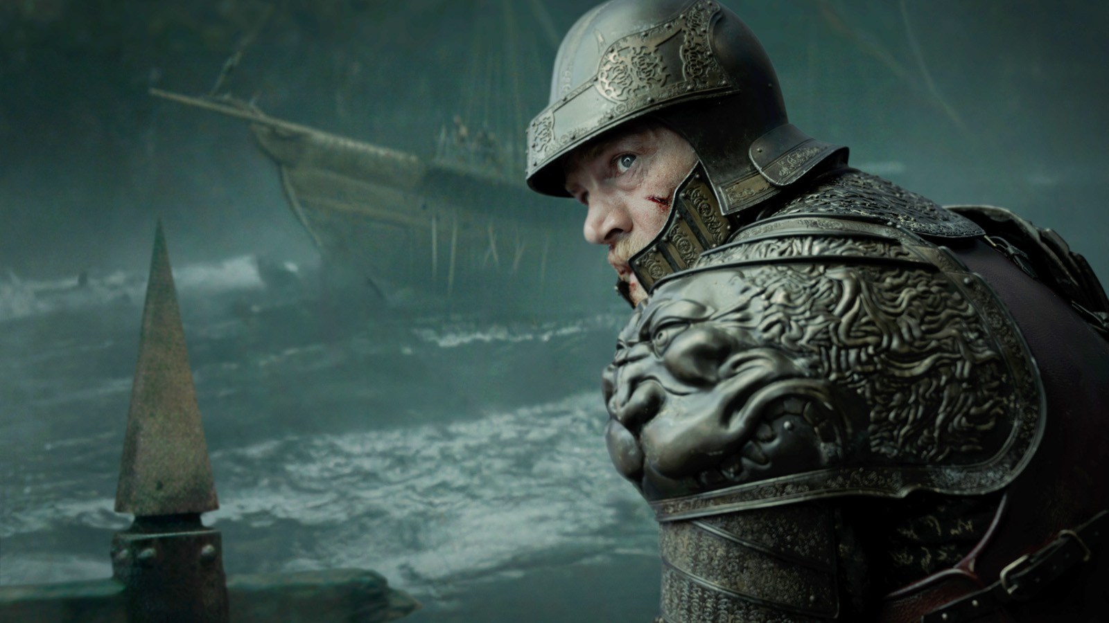 A heavily armored Tyland Lannister looking over his left shoulder in House of the Dragon season 3 episode 1