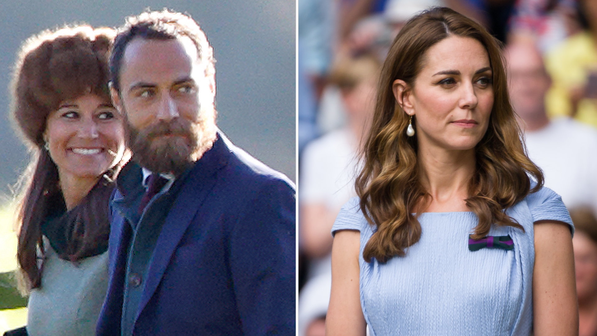 Kate Middleton wears a light blue dress and has long curly brown hair and looks pensive