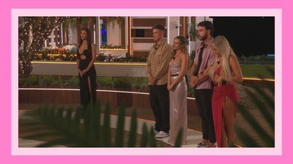 Maya Jama reveals the new Love Island twist to Sammy, Jess, Leah and Mitchell at the fire pit/ in a pink template
