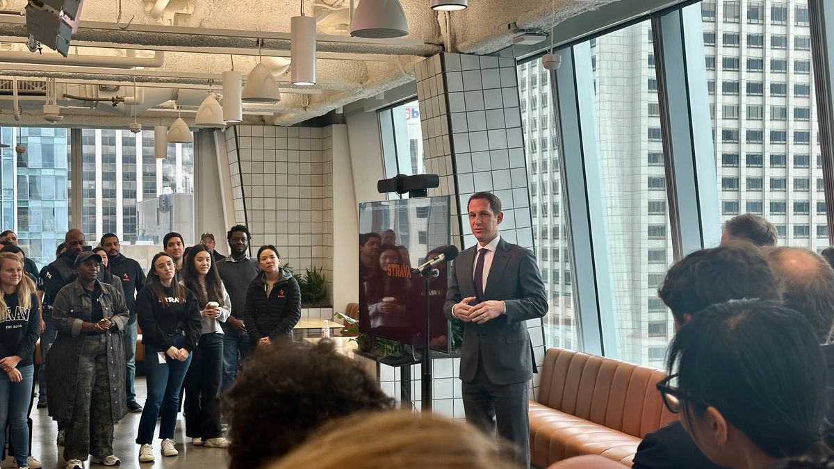 San Francisco mayor Daniel Lurie addressing the Strava employees