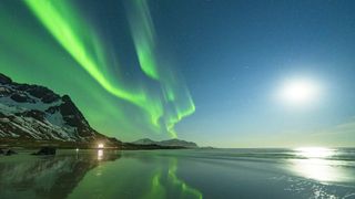 Green light of Aurora Borealis mirrored in water lit by moon, Skagsanden beach, Flakstad, Lofoten Islands, Norway