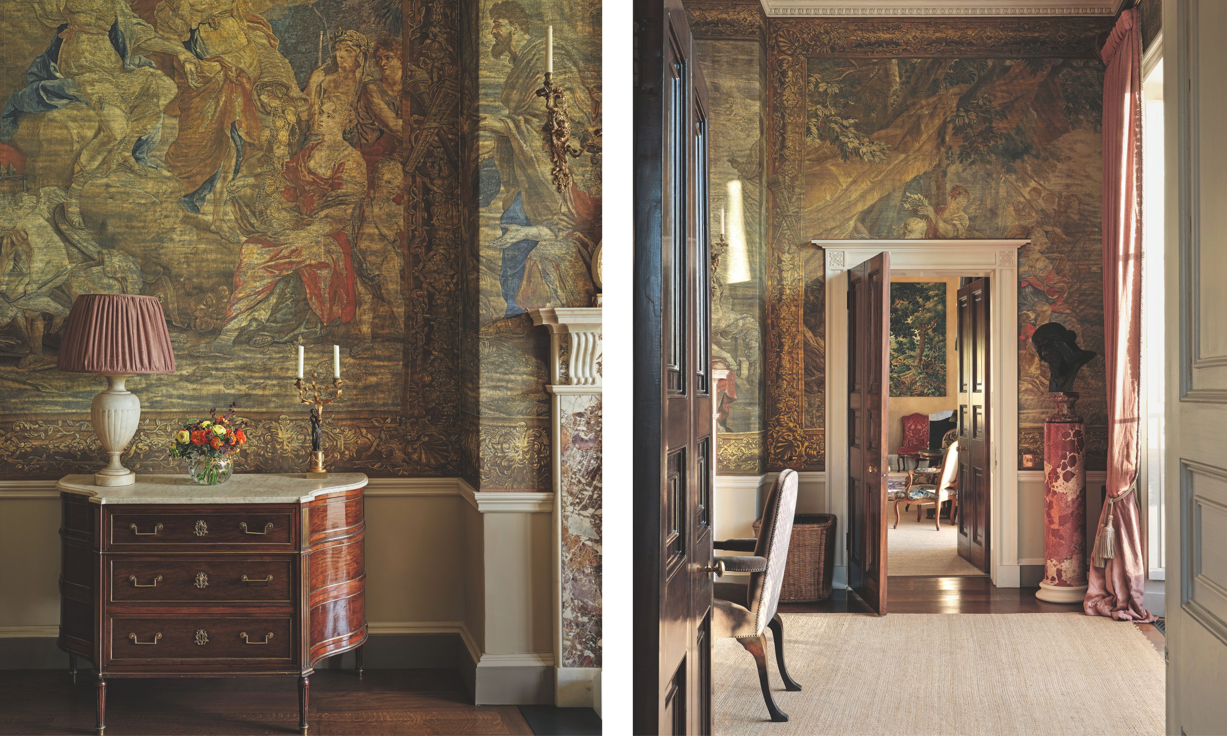 (Left) A detailed view of a mahogany console against a wall covered in intricate antique tapestries; (Right) A sunlit hallway leading through open double doors, featuring a red marble pedestal and a natural fiber rug.