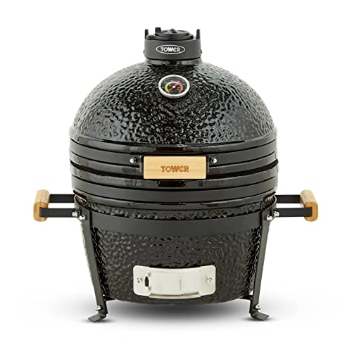 Tower T978531 Kamado Maxi Ceramic Charcoal Bbq With Durable Ceramic Body, Built-In Thermometer and Waterproof Cover, Black