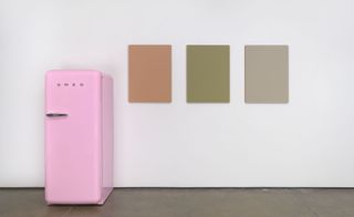 Pink SMEG Refrigerator on display against a white wall featuring 3 plain nude coloured wall arts