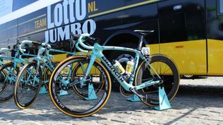 Lotto-Jumbo's Bianchi Infinito CV feature carbon lay-ups with claimed vibration damping built in. Note the deep rear wheel