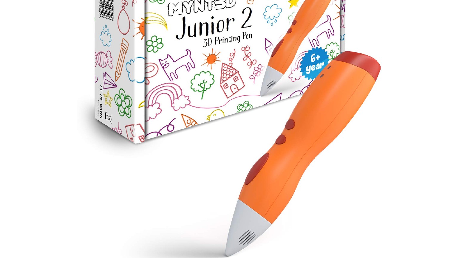 Product and box shots of MYNT3D Junior2 3D Pen for Kids