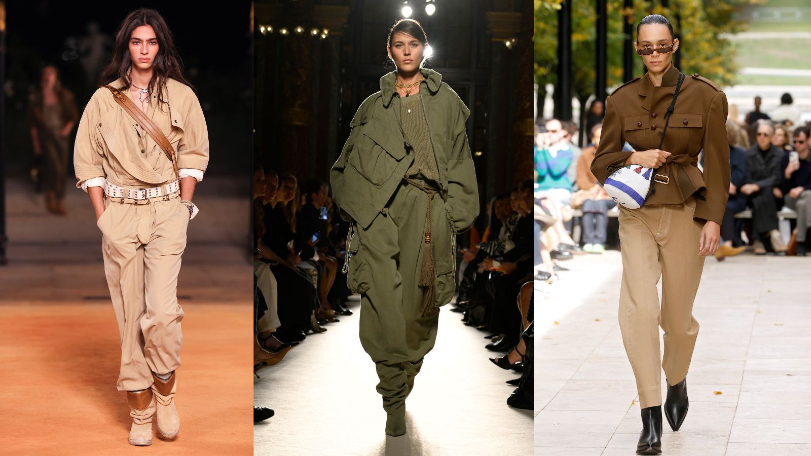 Utilitarian fashion on models on the runway wearing Isabel Marant, Balmain, Celine