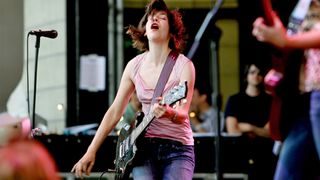 Sleater-Kinney's vocalist-guitarist Carrie Brownstein performs at the Lollapalooza music festival in Grant Park in Chicago, Illinois, Friday August 4, 2006. 