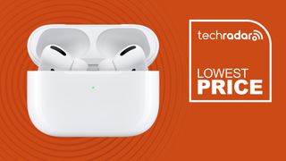 AirPods Pro 2 on orange background with "Lowest Price" text in white and TechRadar logo